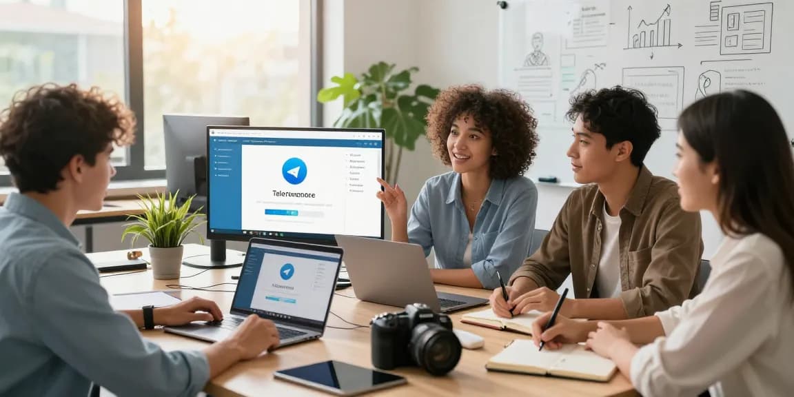 Collaborative team discussing the Telegram Web Version in a modern office setting, showcasing innovative workspace dynamics.