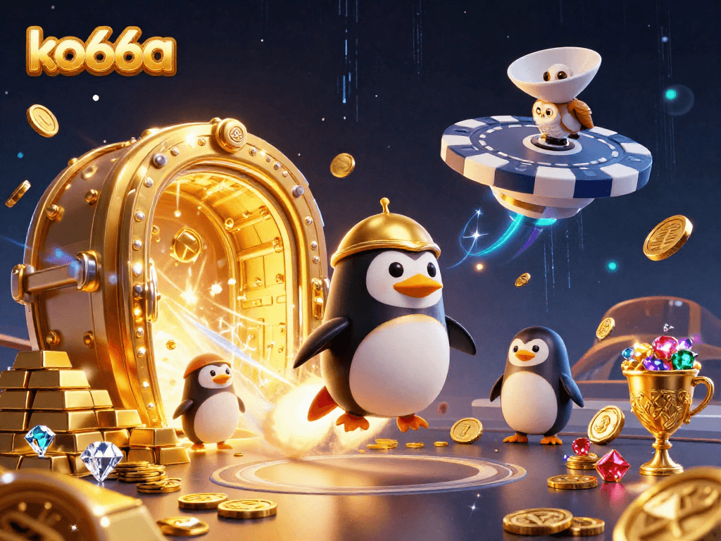 Engage with ko66a's dynamic casino adventure featuring a golden penguin navigating towards a poker chip station.