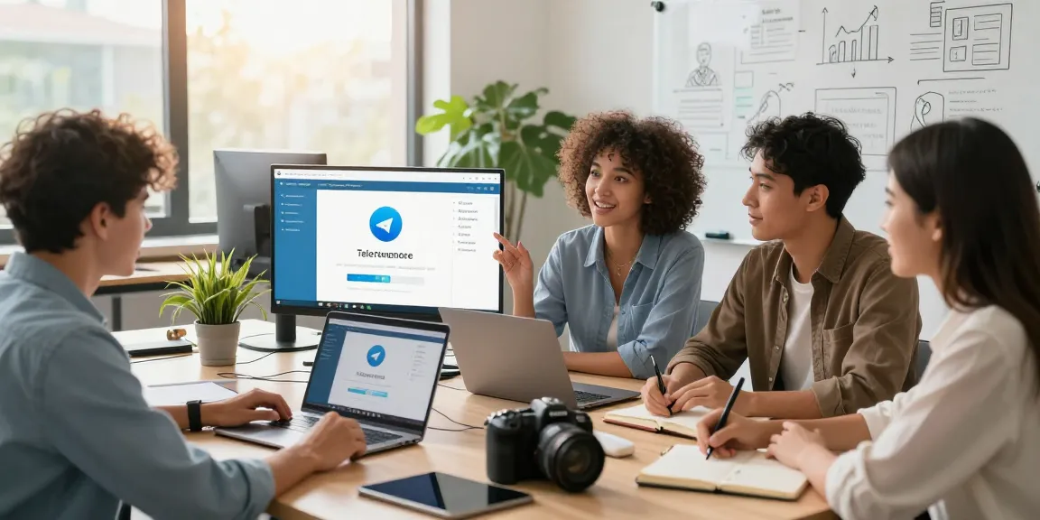 Collaborative team discussing the Telegram Web Version in a modern office setting, showcasing innovative workspace dynamics.