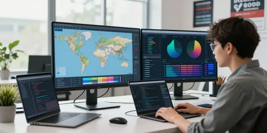 Data analyst reviewing GEO tool visuals in a modern office.