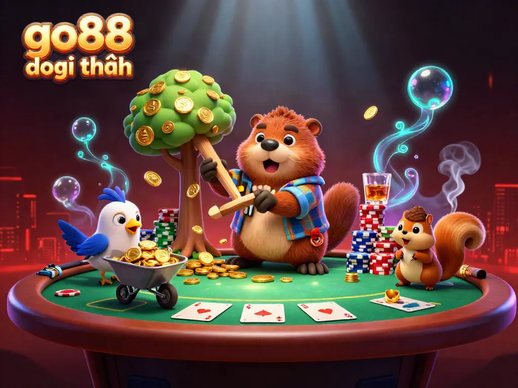 Engaging scene of characters representing go88 đổi thưởng, featuring a beaver, bird, and squirrel interacting around casino elements.