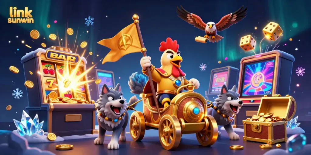 Play exciting games and win big at link sunwin, featuring vibrant slot machines and thrilling casino characters in a dynamic scene.
