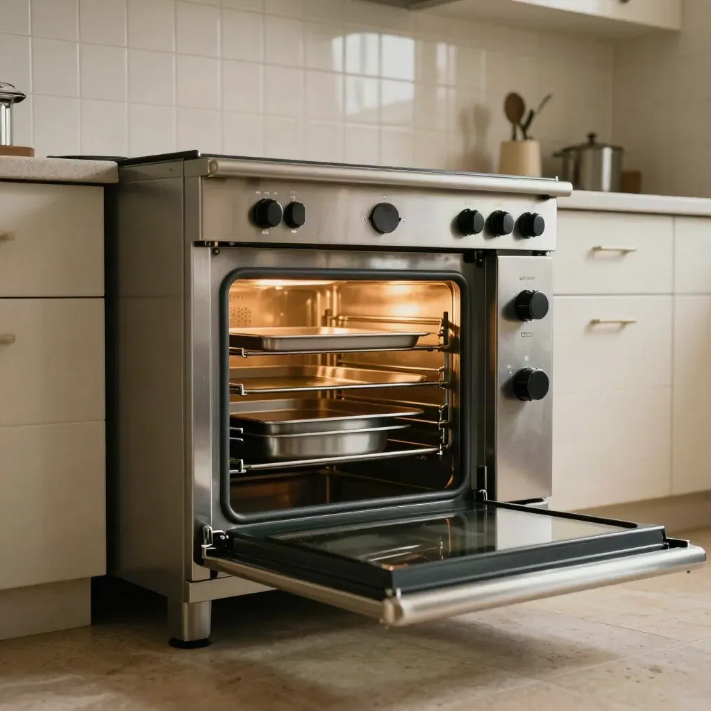 Bank met professionele ovens in een lichte keuken, deur open en trays naast een pastry rack.