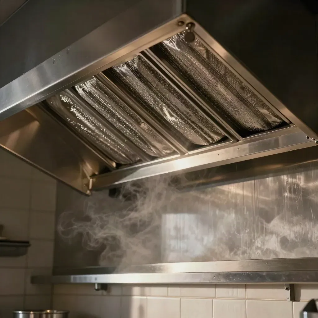 Onderaf gezien afzuigkap met schone filters en stalen achterwand in een professionele keuken