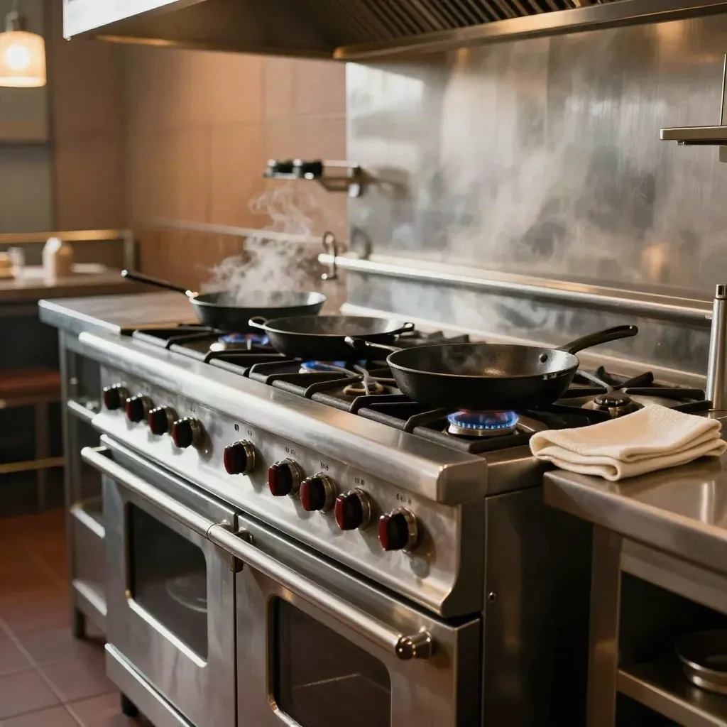 Zijaanzicht van een gasfornuis met inductiemodule, pannen op blauw vuur en stoom in een warme professionele keuken.