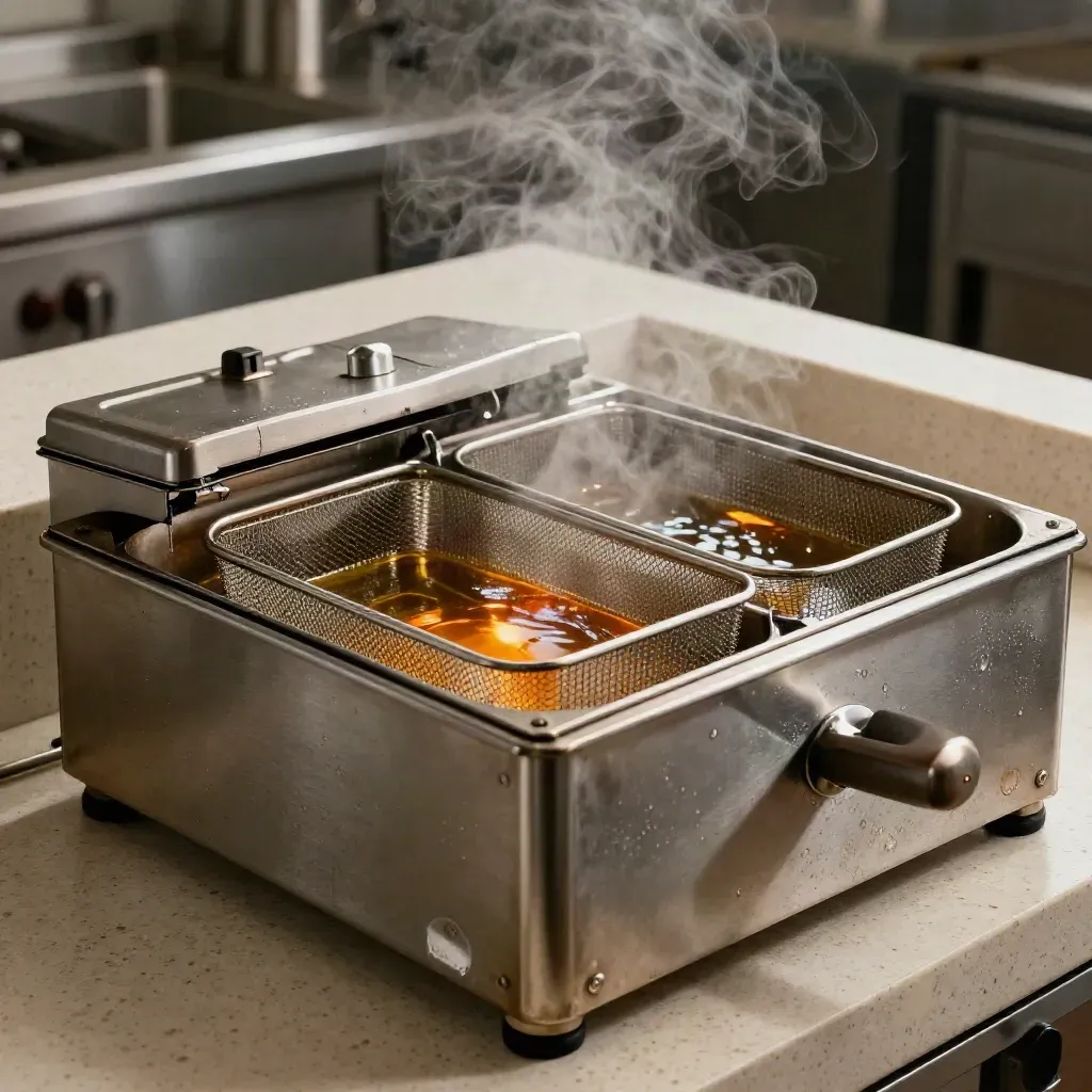 Macro van een dubbele friteuse met bain-marie, stoom en glanzende olie in een professionele keuken.