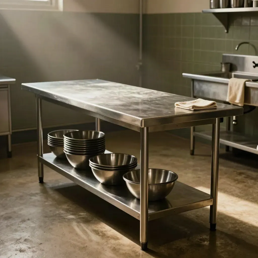 RVS werktafel met kommen, kratten en spoelgedeelte in een donkere professionele keuken.