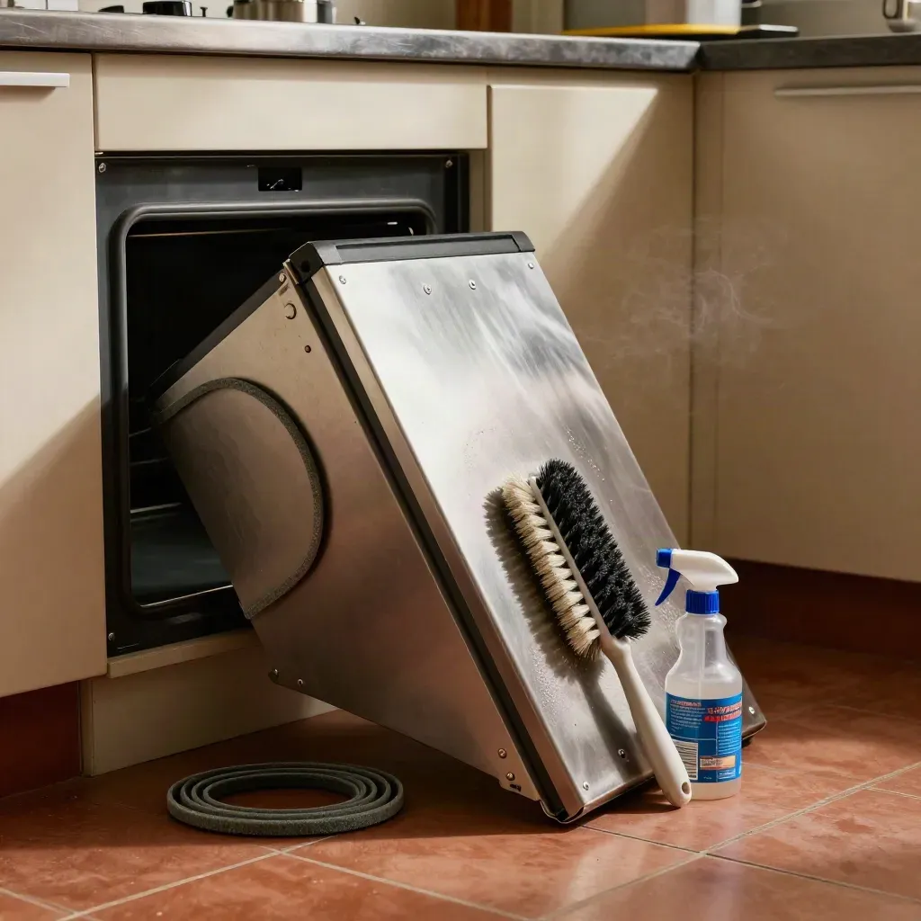 Open ovenservicepaneel met gasket, borstel, filter en spray in warme terracotta werkruimte.