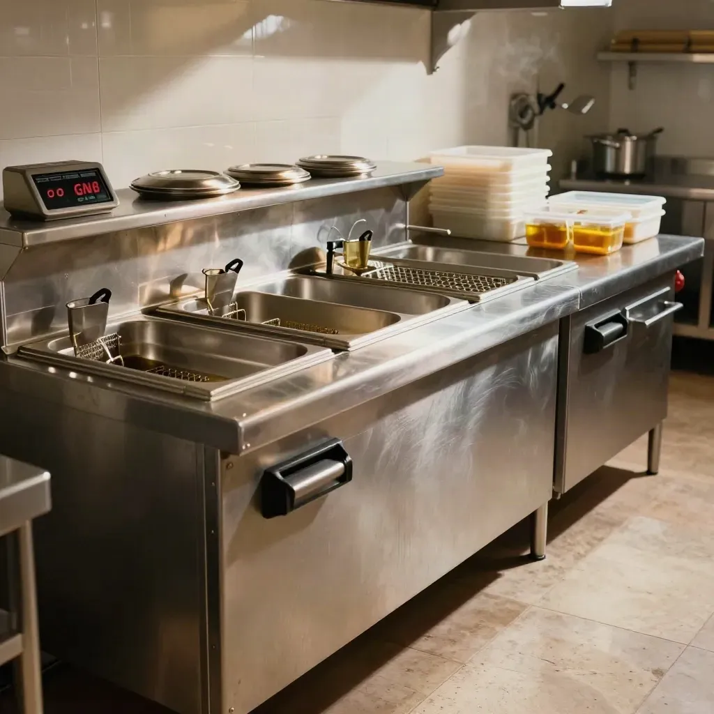 Frituurstation met RVS werktafels, lege GN-bakken en zachte stoom in warm licht.