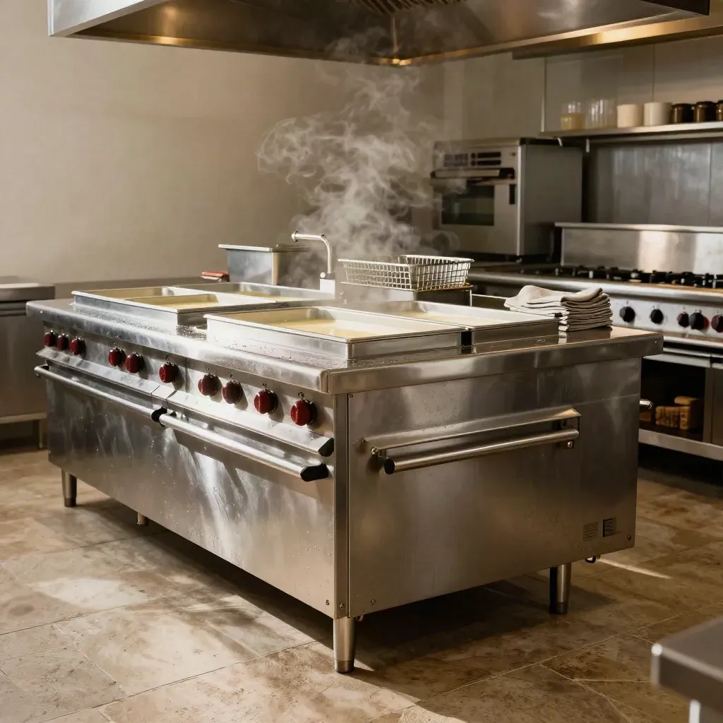 Schone professionele kooklijn met gevulde bain-marie en gesloten ovens in warme middaglicht.