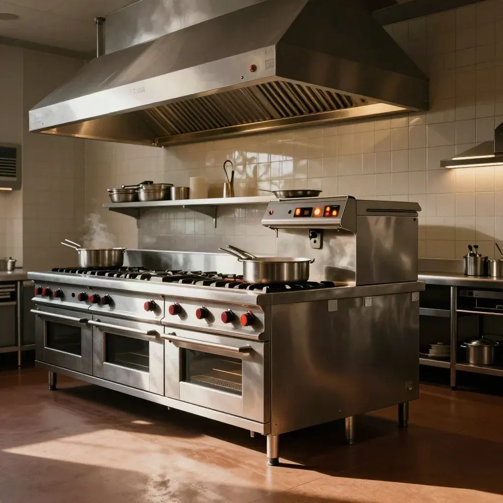 Industriële keukenlijn met ovens, friteuse en afzuiging, klaar voor gebruik.
