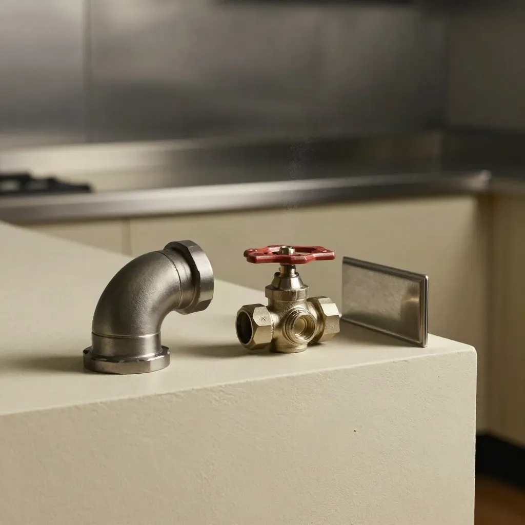 Ventbocht, kabeldoorvoer, gaskraan en RVS hoekprofiel op een lichte kalksteenplint.