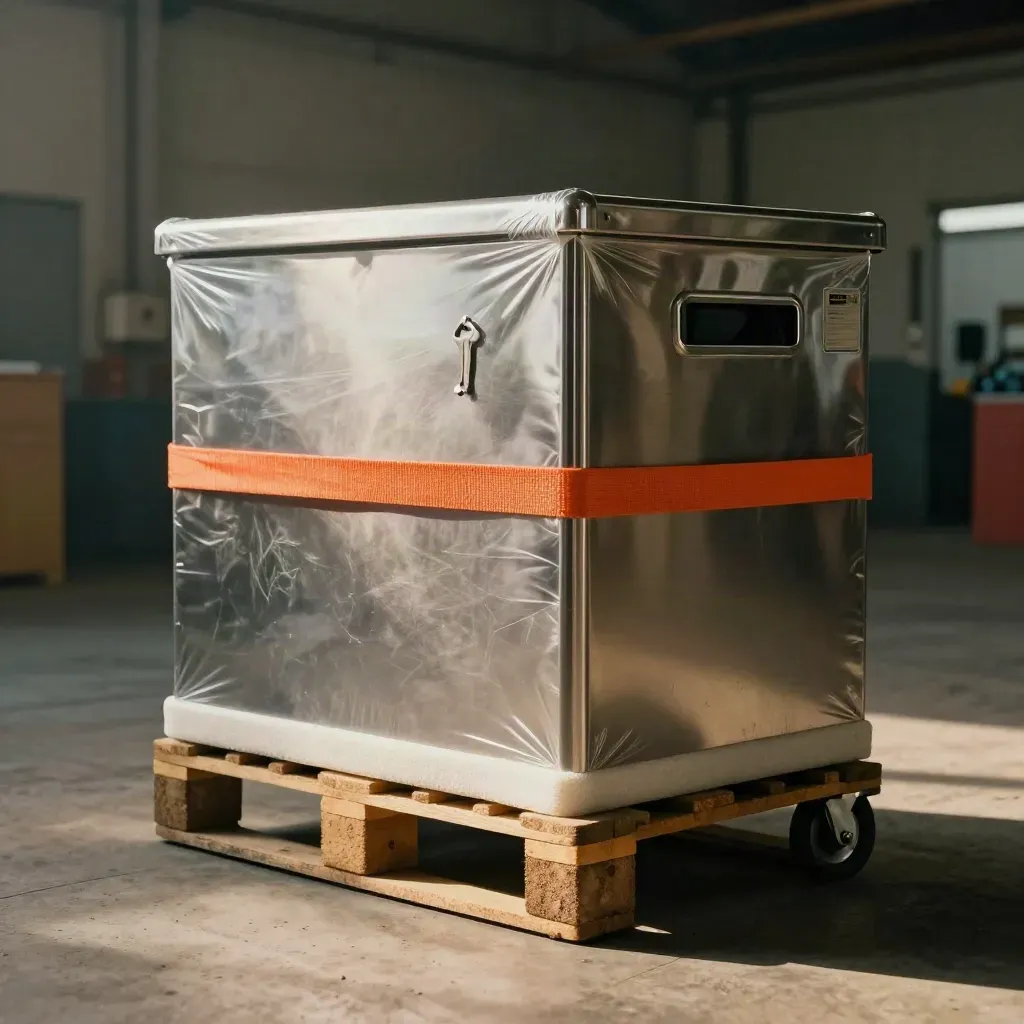 Stainless apparatuurhoek op pallet met spanband, schuimhoek en trolleywiel in stoflicht.