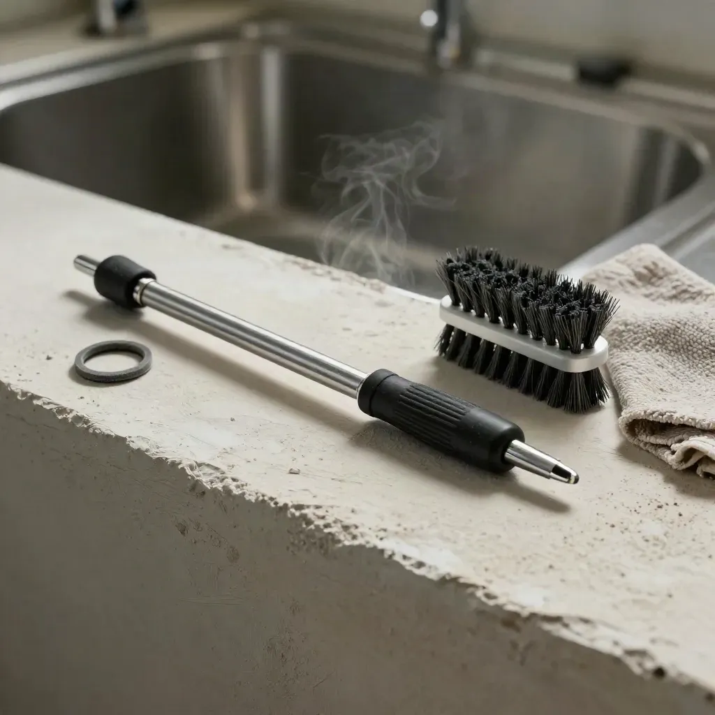 Kalibratieprobe, pakkingring, serviceborstel en microvezeldoek op een lichte pleisterrand.