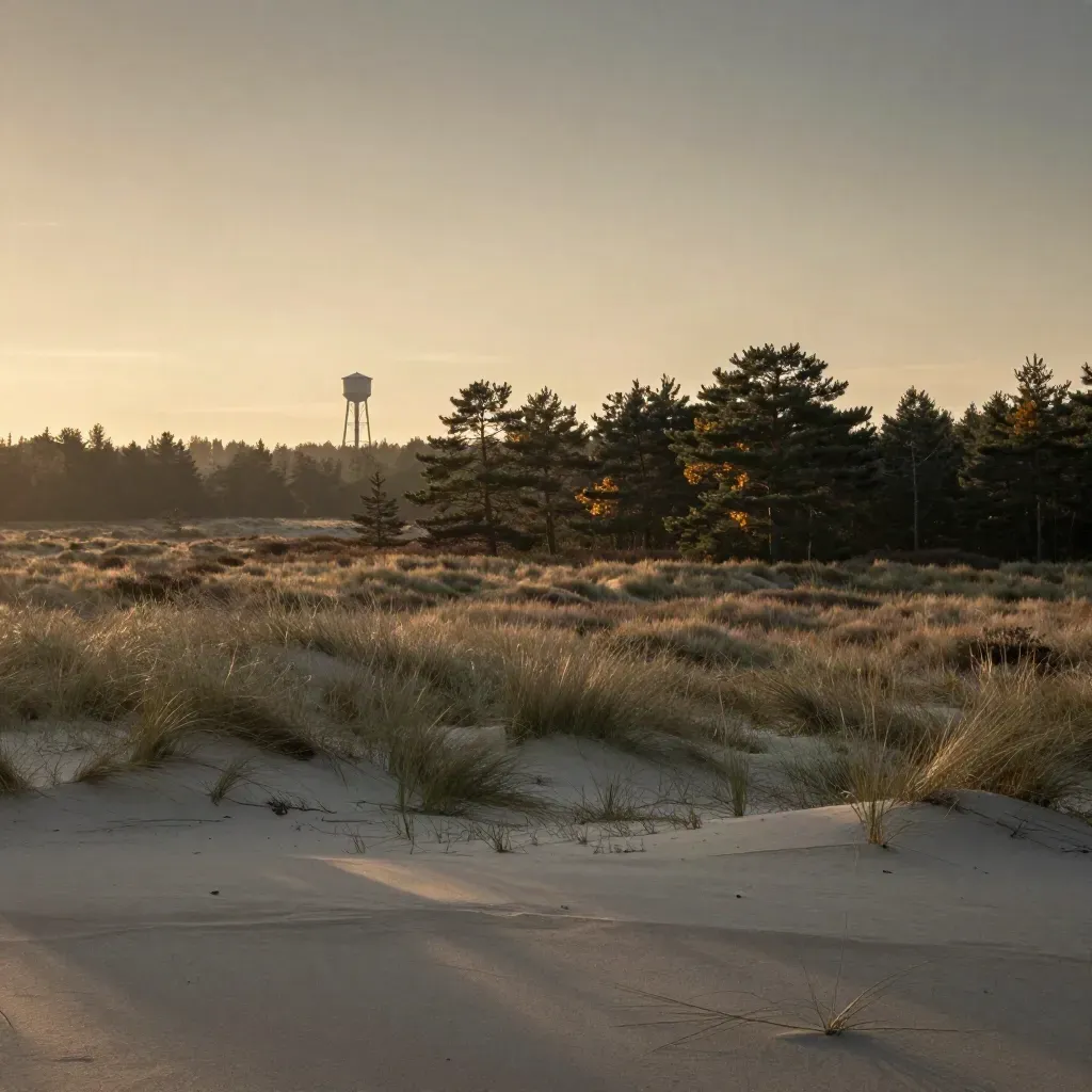 Veluwse heide met dennen en een watertoren in gouden avondmist