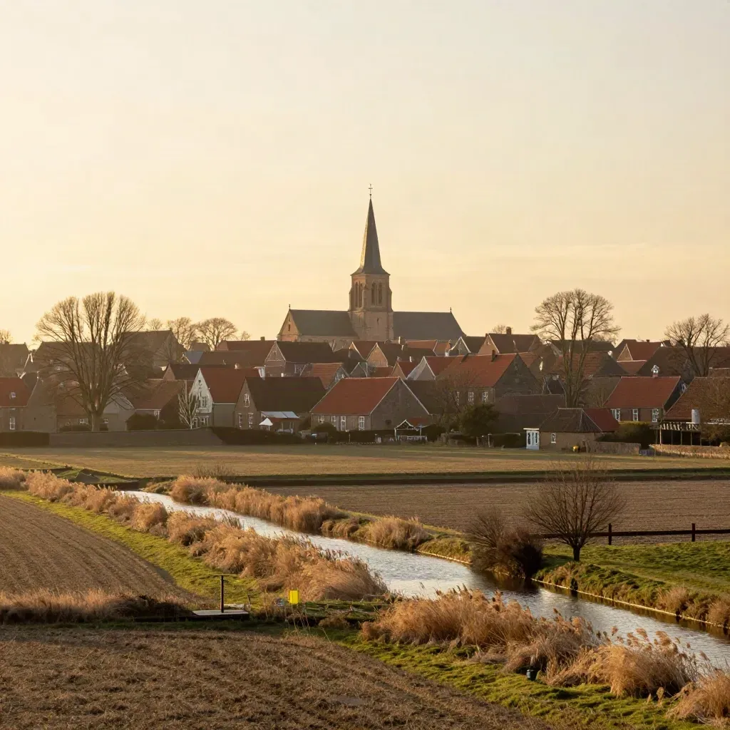 Brabantse kerk­towers boven vlakke velden en een smal kanaal in warm avondlicht