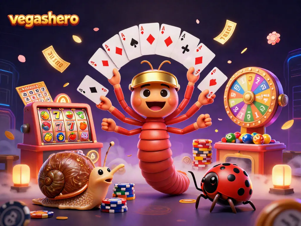 Experience the excitement at vegashero with a cartoon dealer juggling cards amidst lively casino elements.