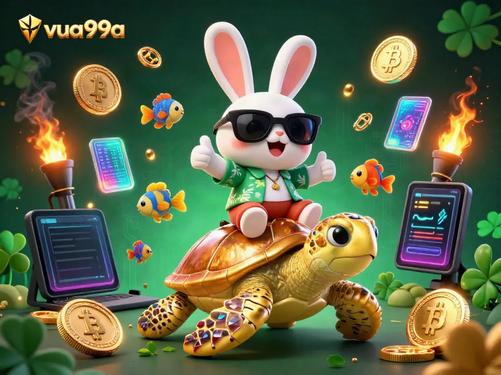 Experience thrilling gameplay at vua99a with a lucky rabbit on a golden turtle amidst vibrant elements.