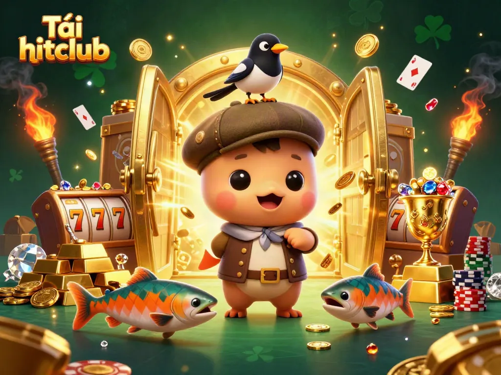 Tải hitclub and enjoy thrilling games in a vibrant, animated casino scene with characters and treasures.