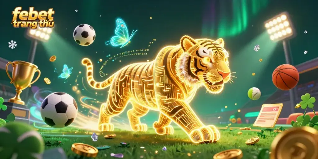 Engage in the vibrant digital casino atmosphere at febet trang chủ with neon characters and dynamic sports elements.