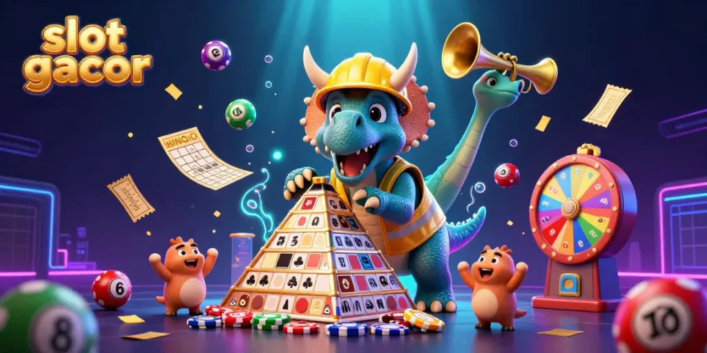 Experience the excitement of slot gacor in this vibrant 3D scene with cheerful characters and dynamic casino elements.