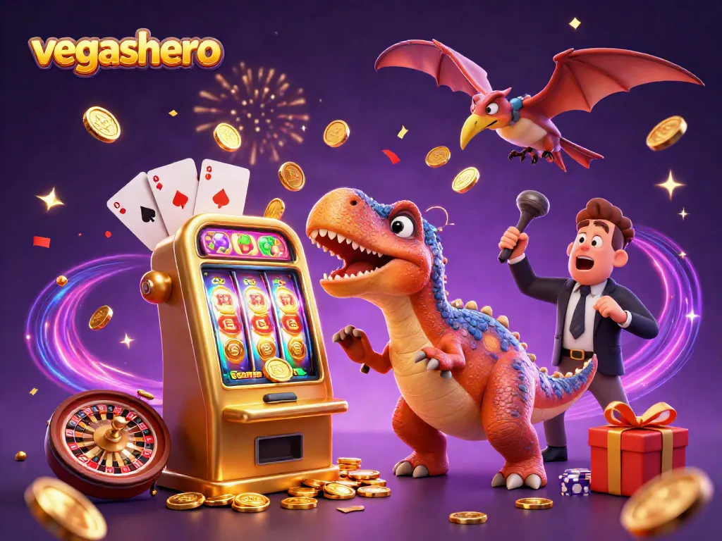 Experience vegashero excitement as a dinosaur wins coins from a slot machine in a vibrant casino scene.