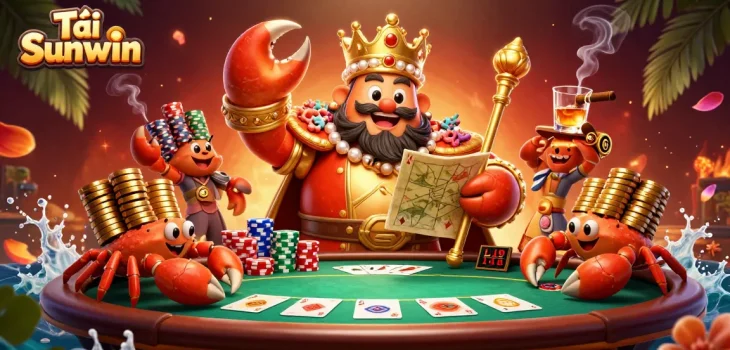 Play games and unlock prizes at Tải Sunwin casino with a vibrant illustration featuring crab emperor and golden chips.